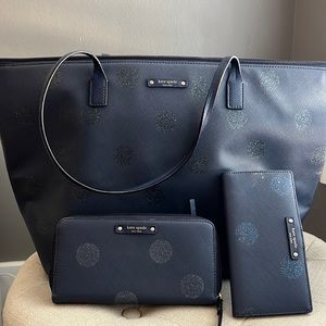 Kate ♠️ Spade 
Gorgeous blue color with glittered dots tote and wallets set. 5pc